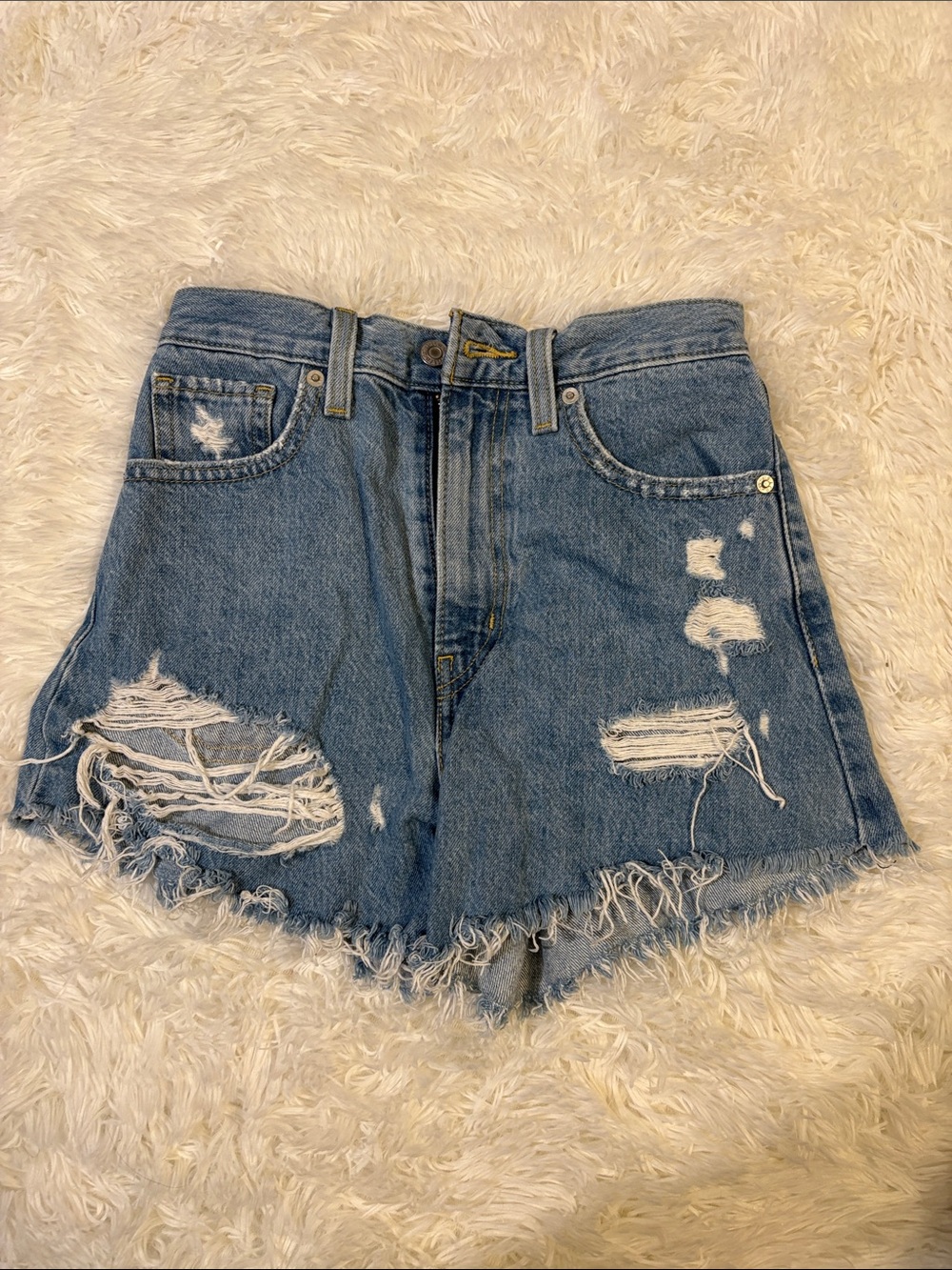 Levi's Distressed Medium Blue Distressed High Waisted Mom Shorts